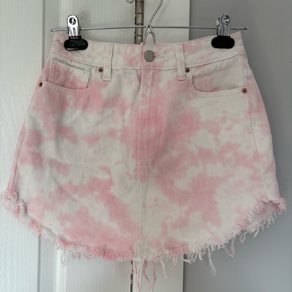 Pacsun Pink and White Tie-Dye Denim Skirt